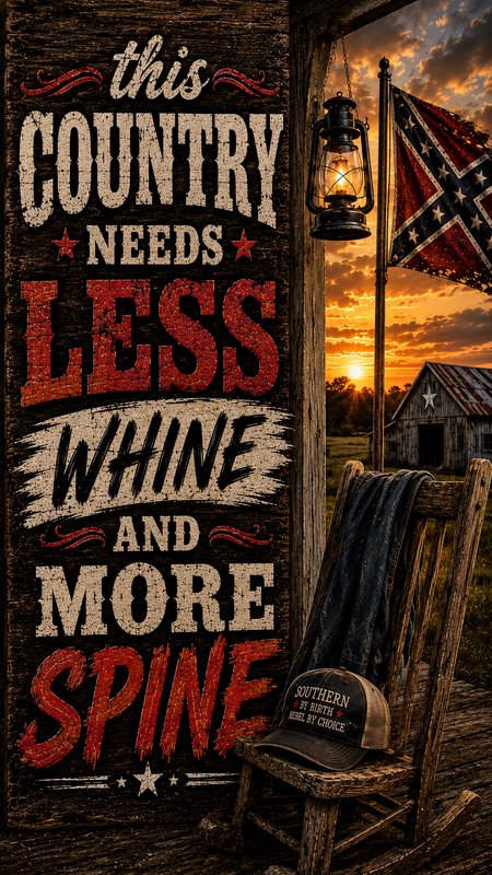 Rustic wooden sign with "This country needs less whine and more spine" beside a lantern, chair, C...