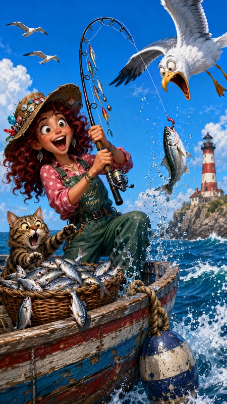 Excited cartoon fisher girl catches a fish from a small boat, with her surprised tabby cat and a ...