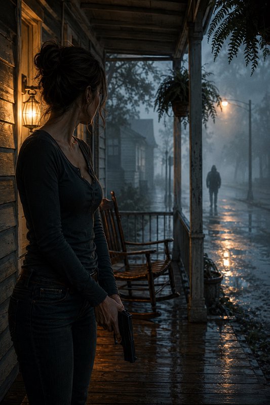 Tense woman holding a handgun stands on a rainy foggy porch, watching a hooded stranger approach ...