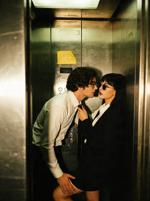 Two stylish individuals in an elevator sharing an intimate moment, man in white shirt and tie, wo...