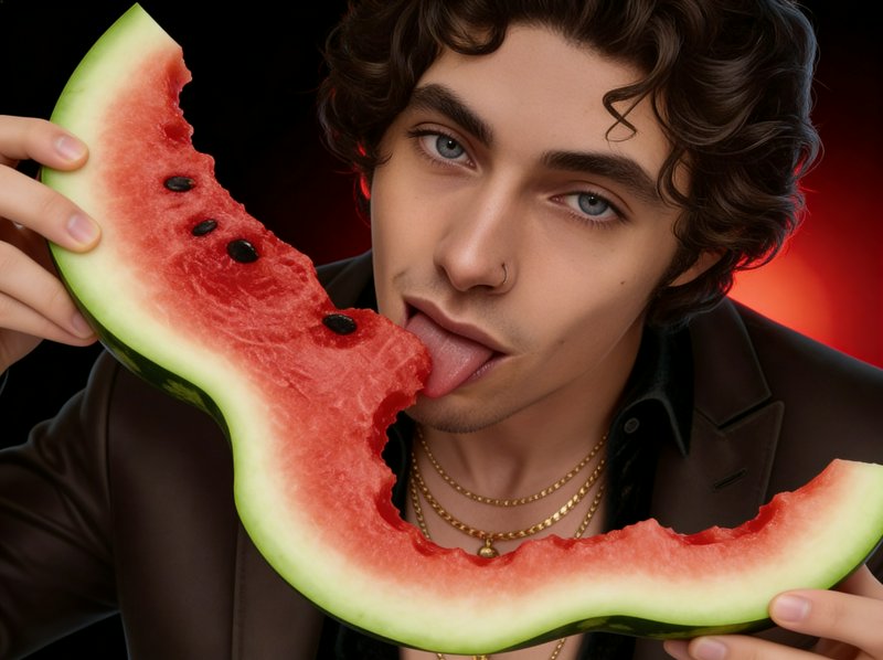 Person biting a large watermelon slice against a dark, moody background.