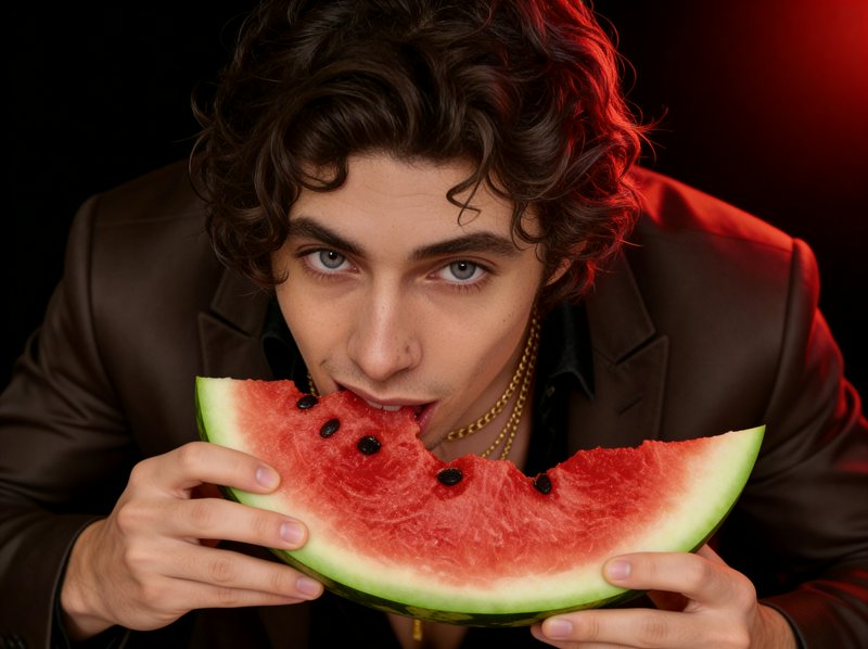 Man with wavy hair in a brown blazer biting a watermelon slice against a dark background.
