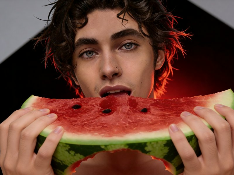 Young person biting a large watermelon slice in a close-up portrait.