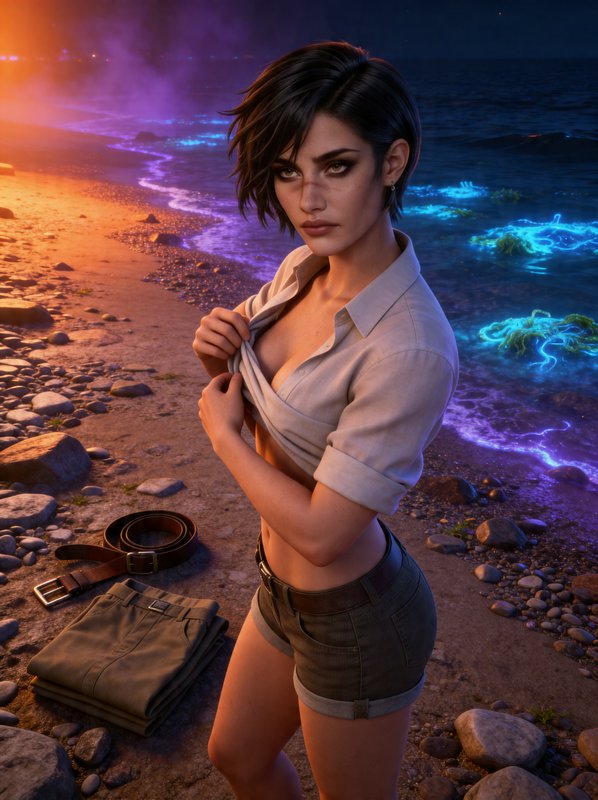 Stylish woman on a rocky beach at night, tying up a white shirt amid neon-lit waves.
