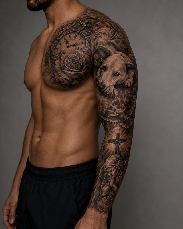 Shirtless muscular man displays an intricate black and grey full sleeve and chest tattoo with mem...