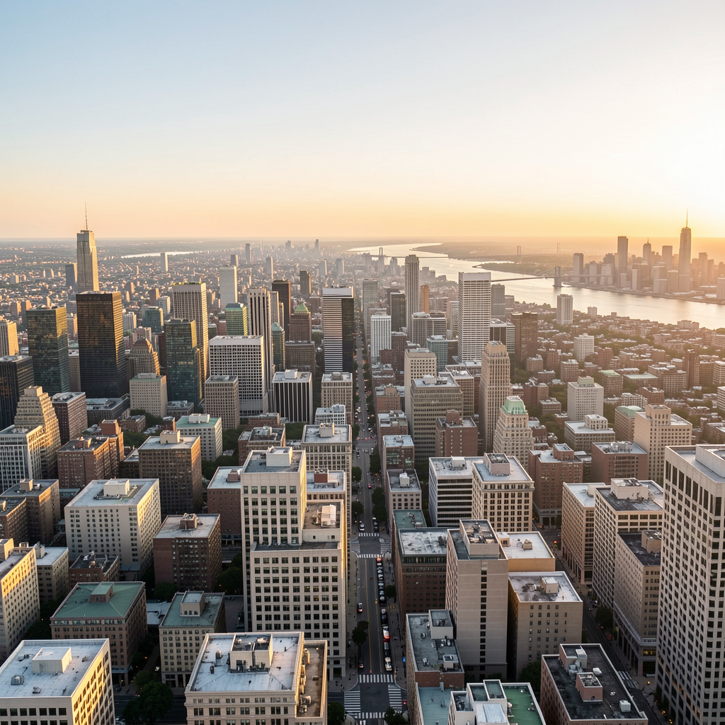 Aerial high angle view of a dense downtown city skyline at golden sunset, with a wide river running through the metro area