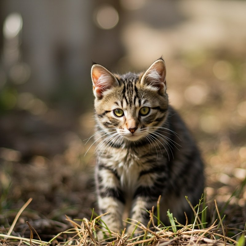 Striped tabby kitten with pale green eyes sits in sunlit grass looking directly at the camera