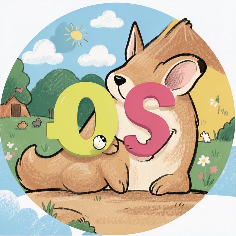 Fluffy cartoon corgi holds bright personified OS letters in a sunny circular countryside illustra...