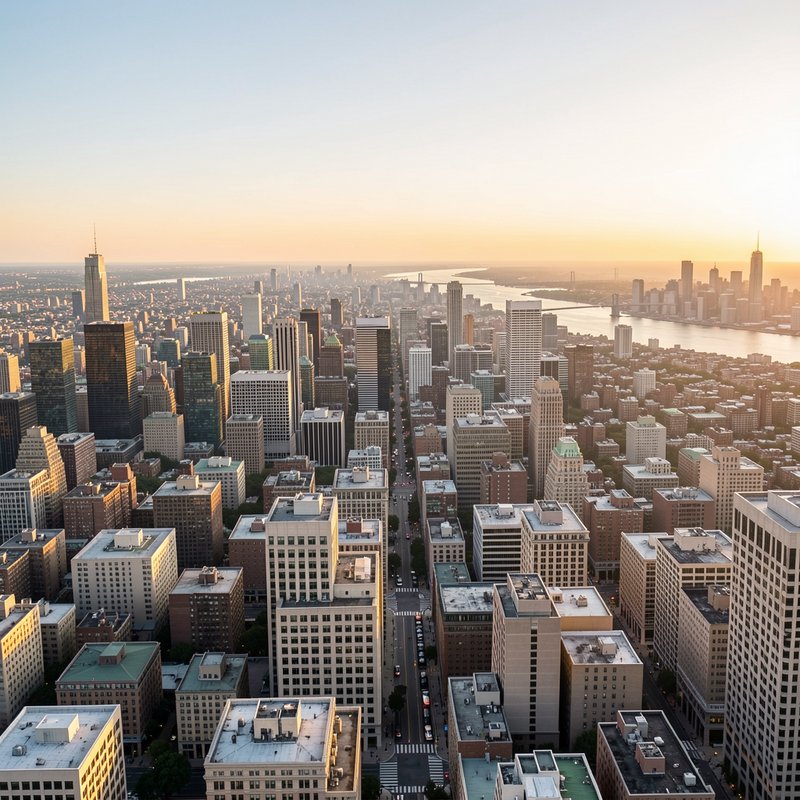 Aerial high angle view of a dense downtown city skyline at golden sunset, with a wide river runni...
