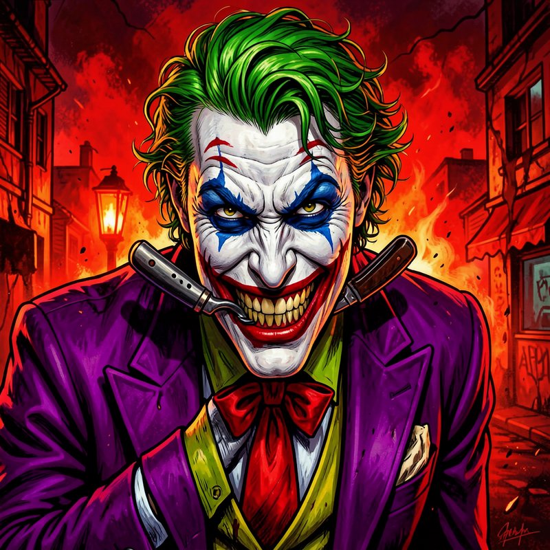 Menacing Joker grins with blades resting on his teeth against a burning city street