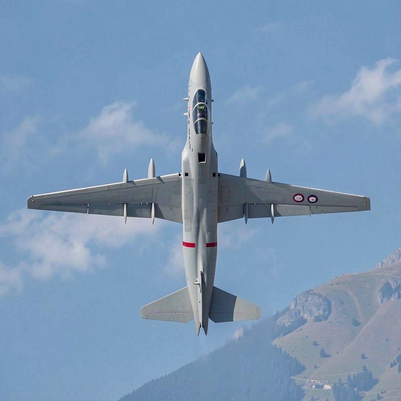 Twin-seat gray military jet flies head-on above alpine mountains under a bright blue sky