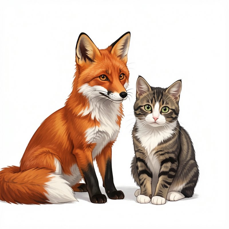 Fluffy red fox and striped tabby cat sit side by side facing the viewer on a plain white backdrop