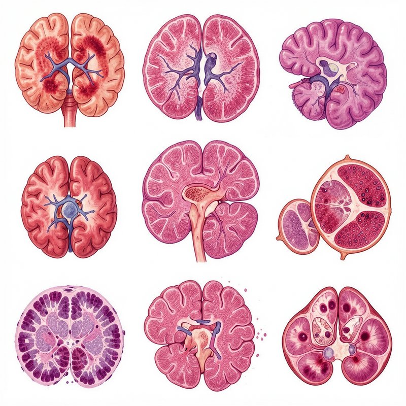 Grid of 9 surreal hybrid illustrations merging kidney anatomy, brain cross-sections, and sliced f...