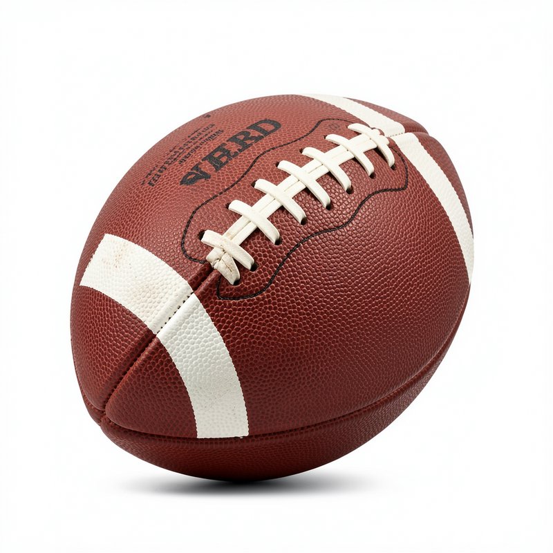 Regulation pebbled brown American football with white laces and stripes on a plain white background