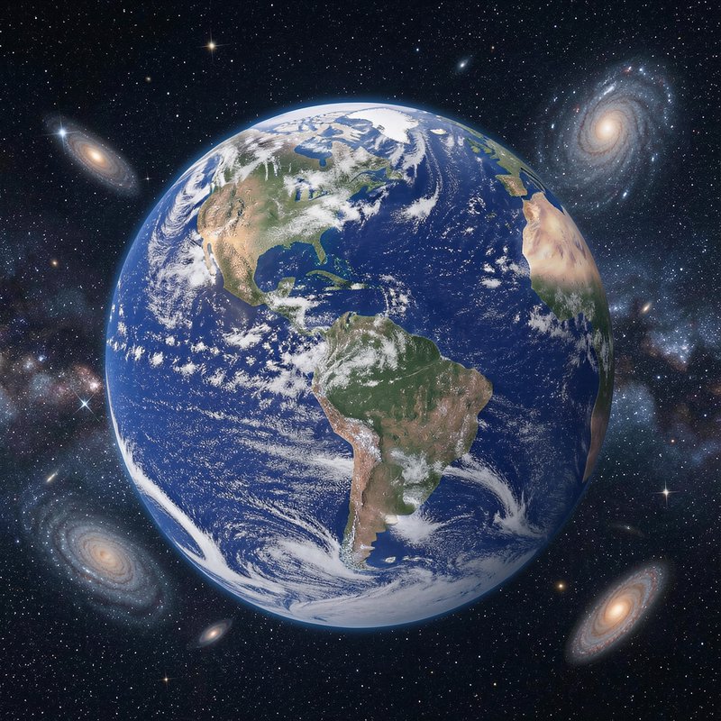 Planet Earth showing North and South America floats in deep space surrounded by spiral galaxies a...