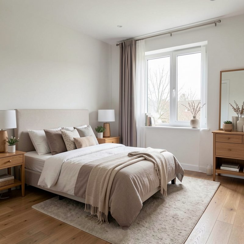 Sunlit minimalist neutral bedroom with upholstered bed, light wood furnishings and large window