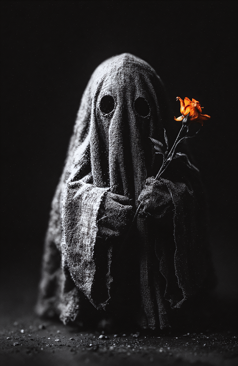 Dark hooded ghost figure in tattered cloak holding an orange flower.