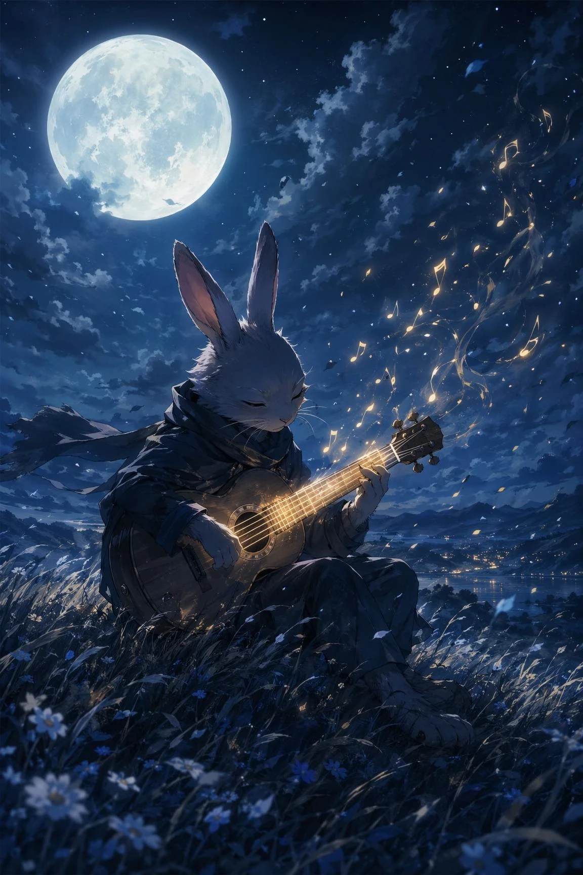 Anthropomorphic rabbit playing an acoustic guitar under a full moon in a moonlit meadow.