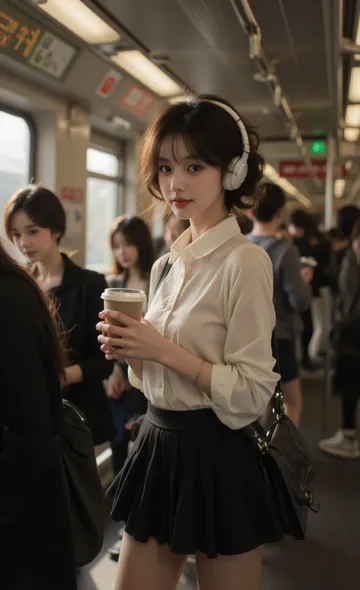 Young woman in a white blouse and black skirt with headphones on a crowded train, holding a coffee cup.