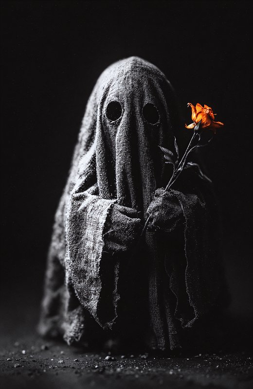 Dark hooded ghost figure in tattered cloak holding an orange flower.
