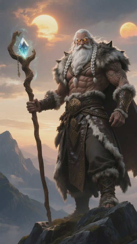A muscular ancient Viking-like wizard stands on a rocky cliff with a glowing crystal staff and fur cloak, two moons in