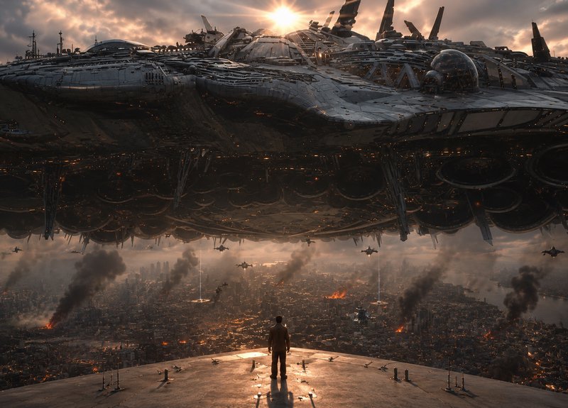 A lone figure stands on a circular rooftop as a colossal alien warship hovers above a burning city at sunset.