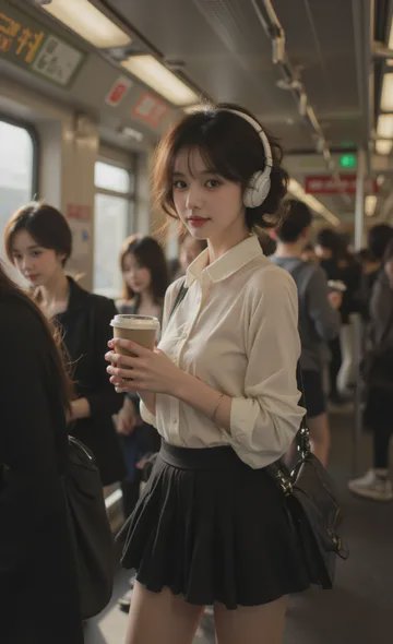 Young woman in a white blouse and black skirt with headphones on a crowded train, holding a coffee cup.