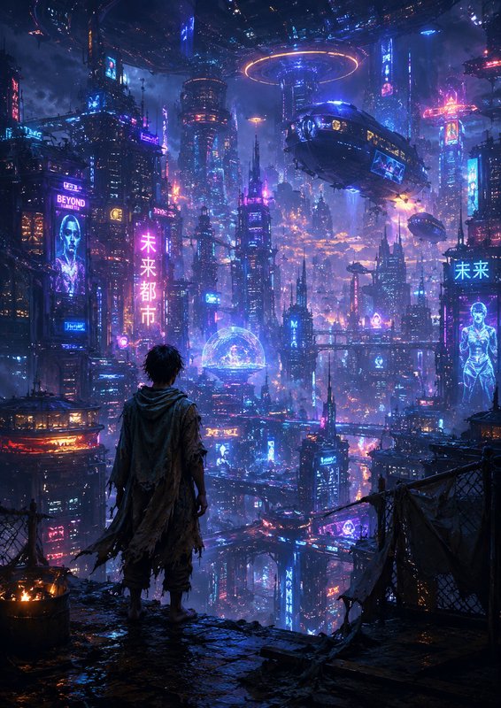 Silhouetted figure stands on a rain-soaked ledge overlooking a neon-lit cyberpunk city.