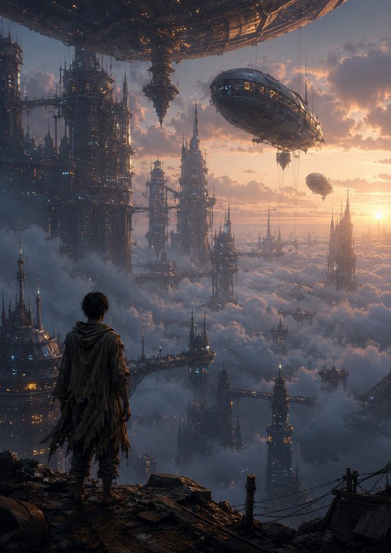 A lone figure stands on a rocky ledge overlooking a sprawling floating city above the clouds with airships at sunset.