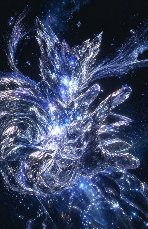 Crystal-like, iridescent hand reaching from a dark space backdrop.