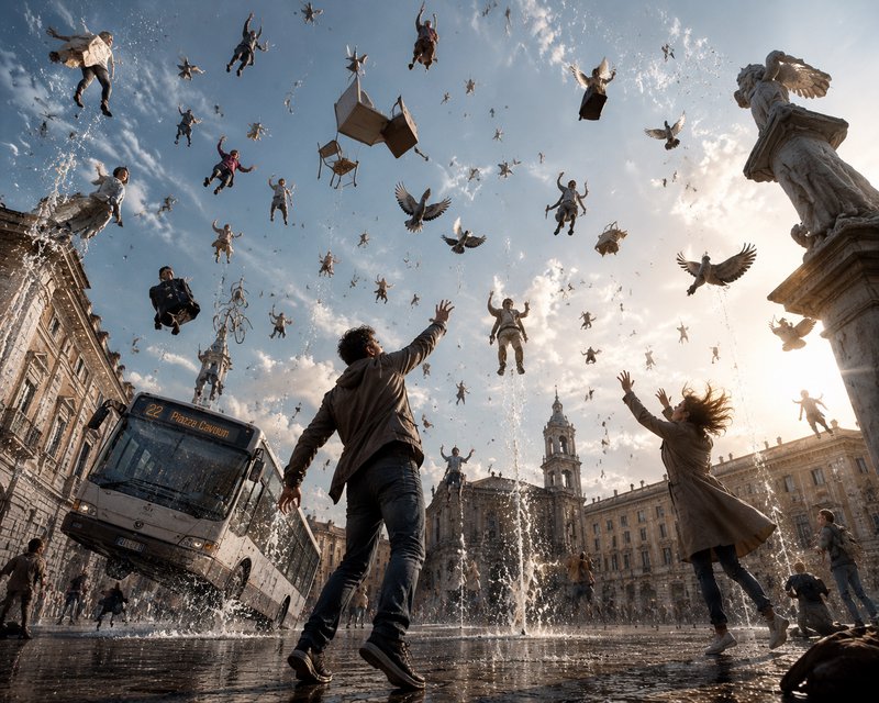 Surreal gravity-defying scene of people, objects, and pigeons floating upward from a historic Eur...