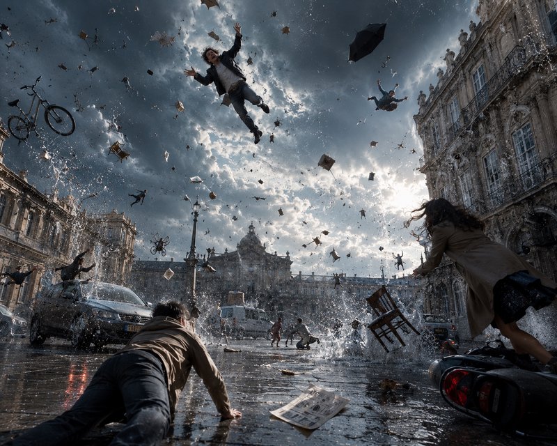 Surreal chaotic storm scene with people, furniture, and bicycles flying above a wet historic Euro...