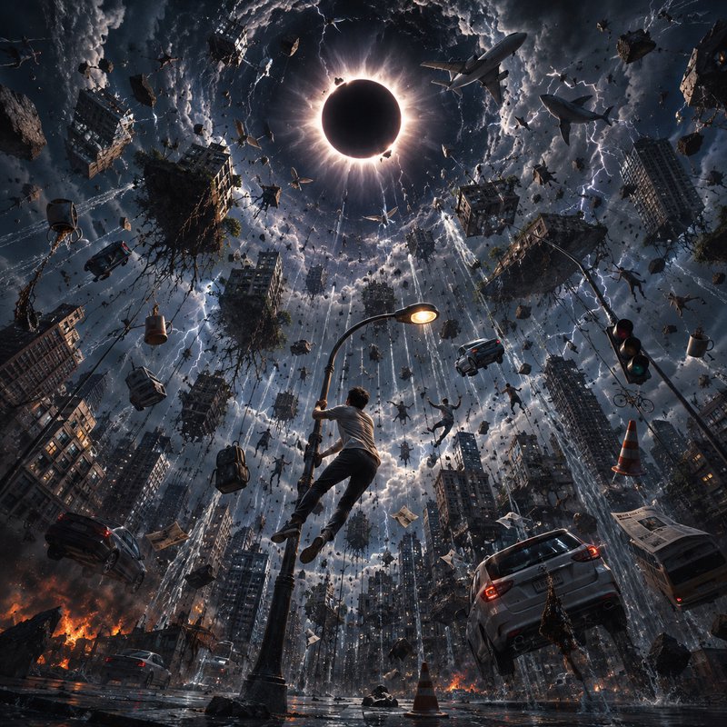Man clinging to a lit streetlamp as an apocalyptic city and debris float upward toward a total solar eclipse in a storm vo...