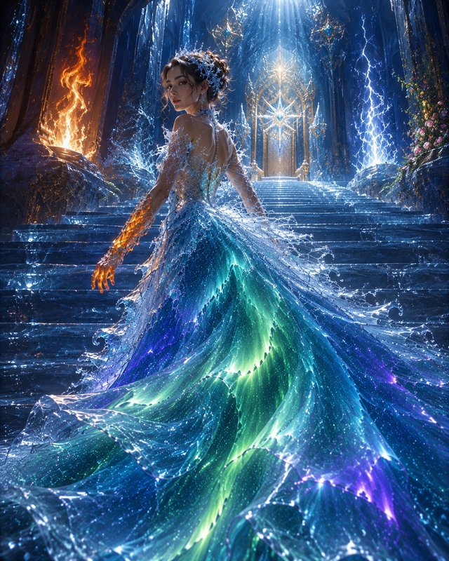 Elemental fantasy queen in flowing water gown stands on glowing crystal palace stairs, one arm wr...