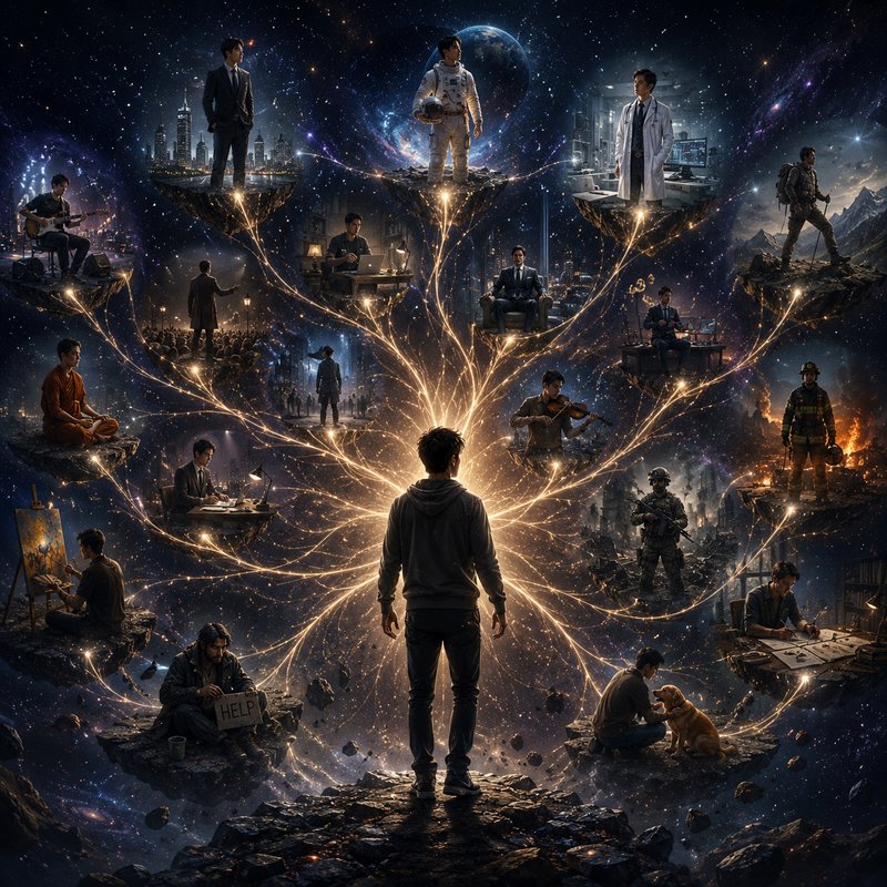 Surreal cosmic artwork of a man observing branching floating platforms representing alternate lif...
