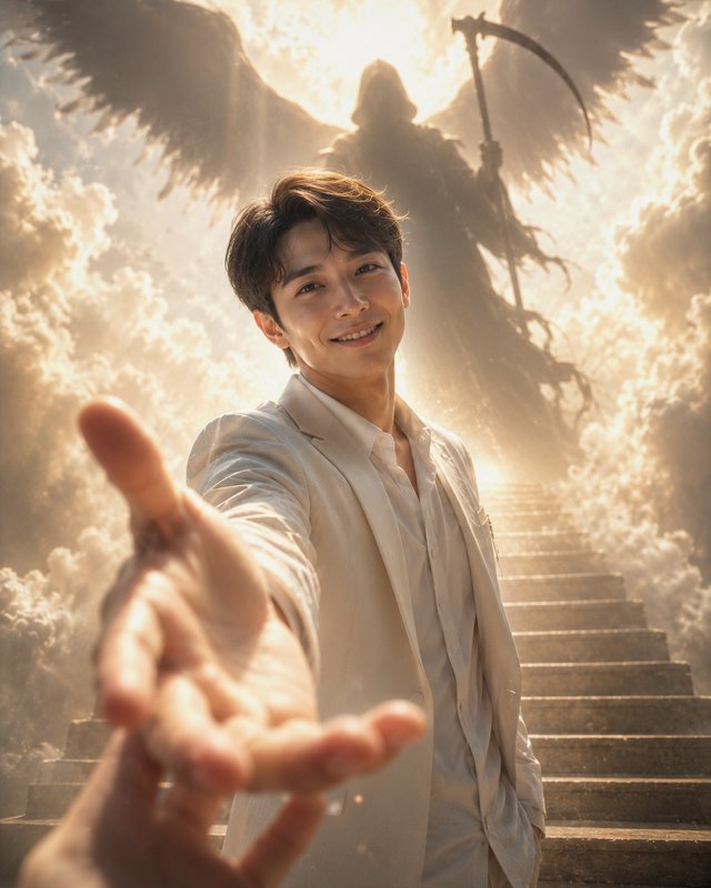 Smiling man extends an inviting hand to the viewer, as a winged grim reaper looms behind him on a...