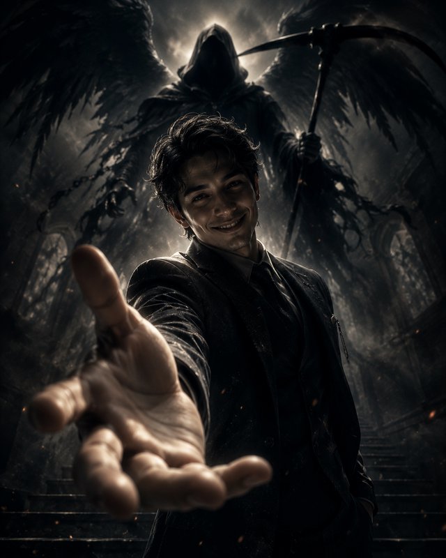 Smiling man extends a hand to the viewer, as a hooded winged grim reaper holding a scythe looms b...