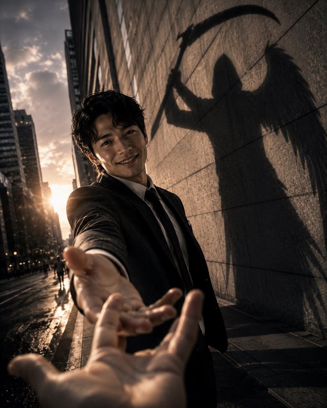 Smiling man in a business suit reaches toward the viewer, casting a winged Grim Reaper shadow on ...