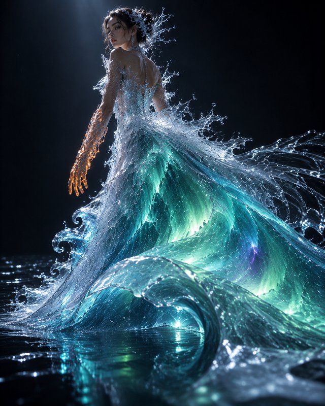 Ethereal water goddess wears a flowing gown made of glowing swirling ocean waves, posed against a...