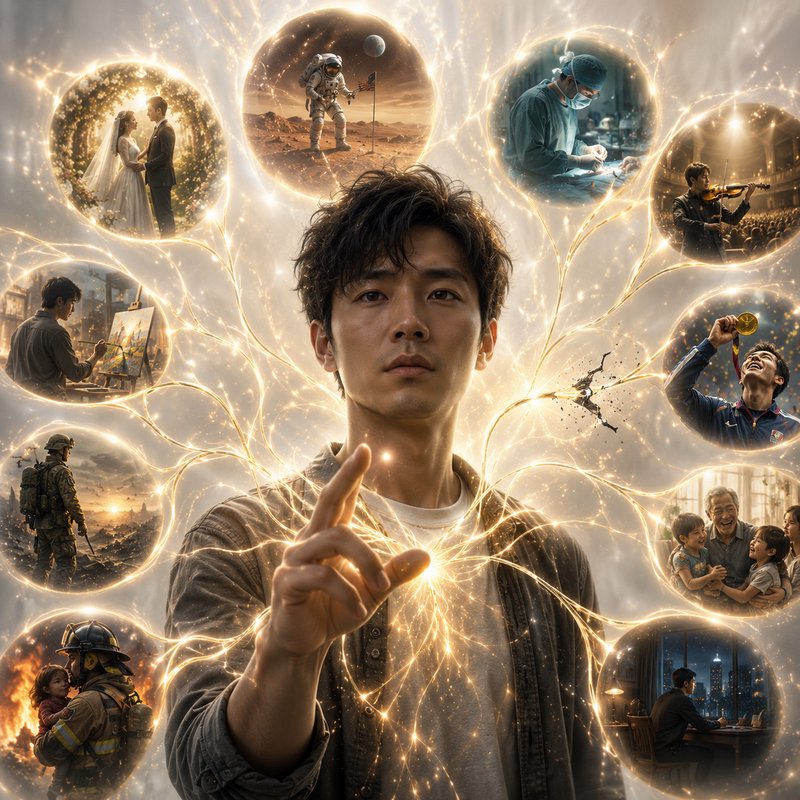 Pensive young man summons glowing golden threads connecting circular vignettes of diverse life pa...