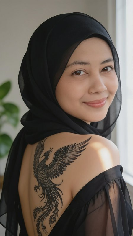 Smiling woman in sheer black hijab looks over her shoulder to display an intricate black phoenix ...