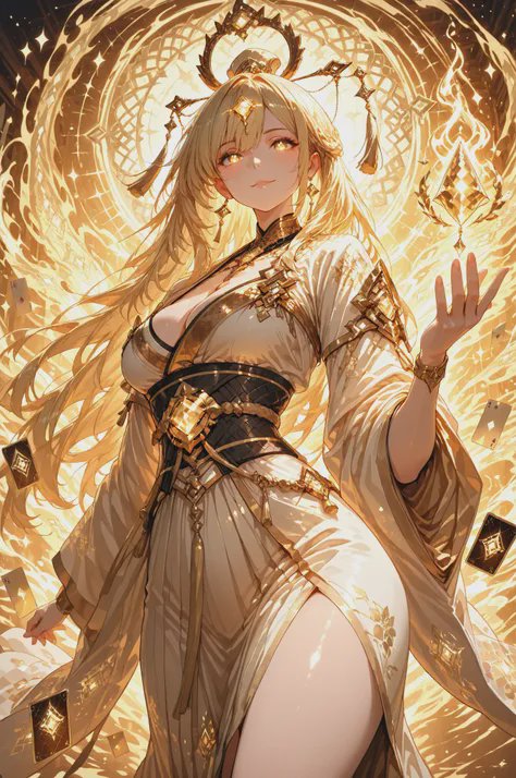 Anime golden goddess with glowing eyes, ornate gold regalia, surrounded by swirling luminous magi...