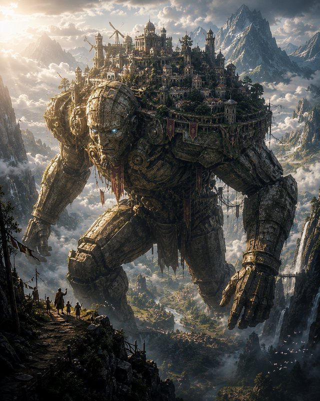 Massive weathered stone colossus walks through misty mountain clouds, carrying an ornate medieval...