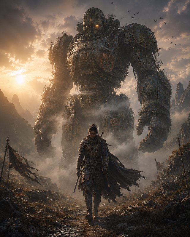 Armored lone samurai walks a misty battlefield path as a towering overgrown ancient iron golem lo...