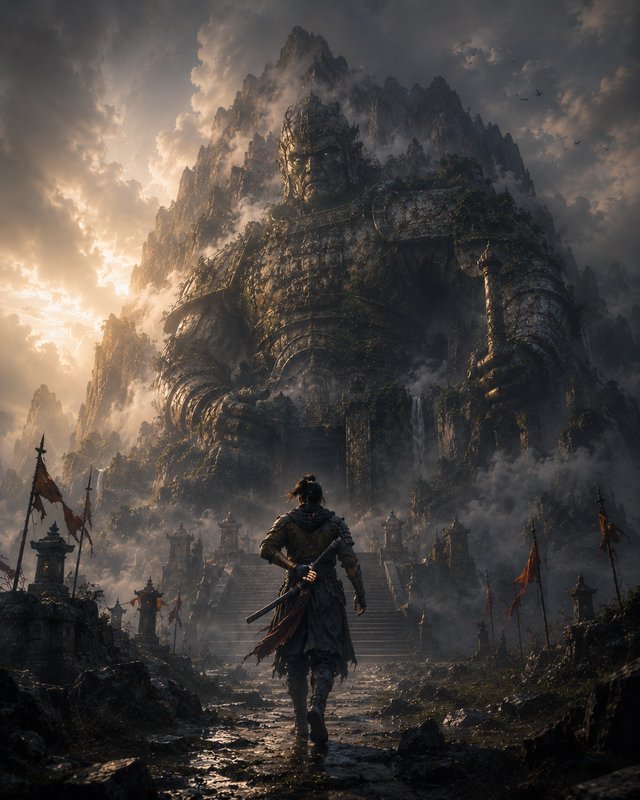 Lone armored samurai approaches a colossal stone giant statue built into a misty mountain at gold...