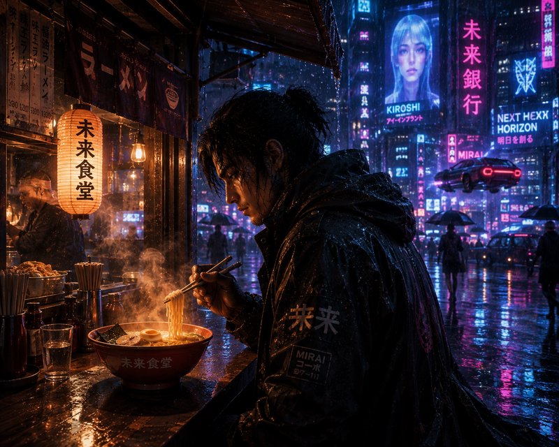 Man in a wet rain jacket eats steaming ramen at a street stall on a rainy neon-lit cyberpunk Toky...