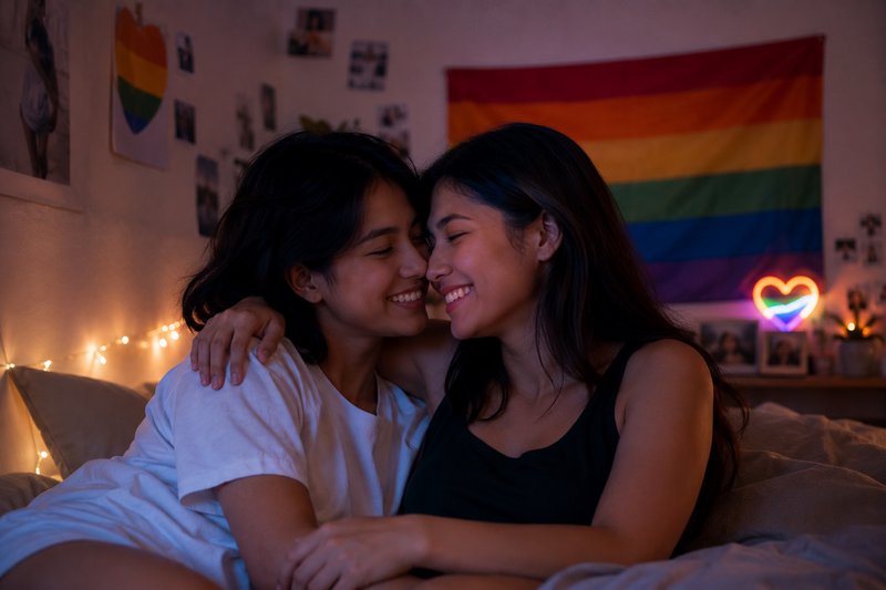 Loving queer couple smiles embracing on a bed in a cozy bedroom decorated with rainbow pride flag...
