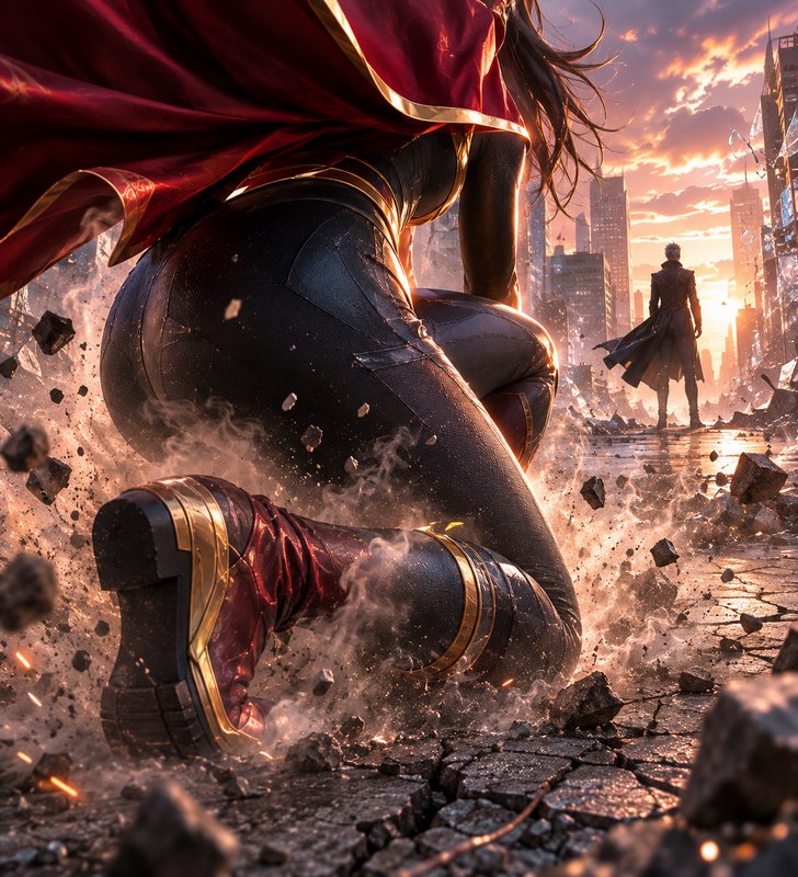 Female superhero kneels after a forceful landing, facing a distant villain across a destroyed cit...