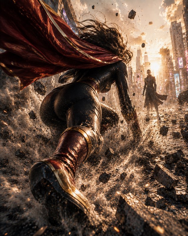 Low angle shot of female superhero forcefully landing on a city street, sending debris flying as ...
