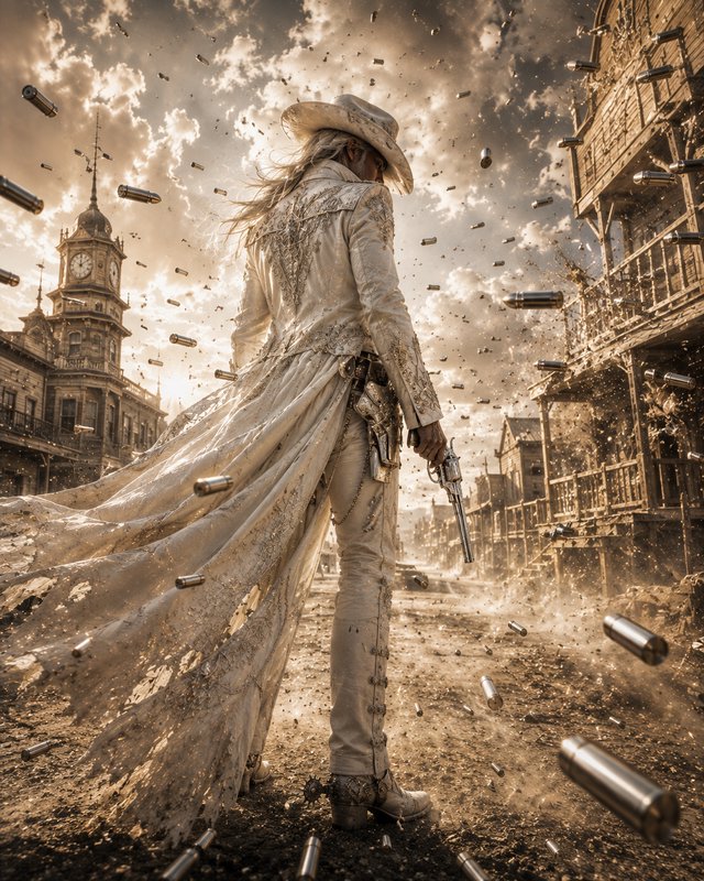 Lone ornate white-clad gunslinger stands amid flying bullets during a dramatic wild west town sho...
